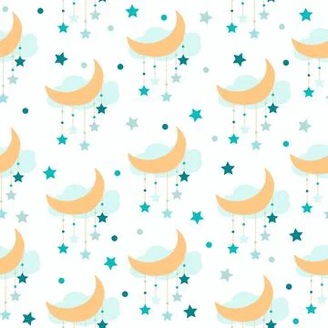 Seamless pattern - cute mobile with moon and stars and cloud in flat design . Stock Illustration