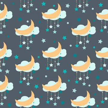 Seamless pattern - cute mobile with moon and stars and cloud in flat design . Stock Illustration