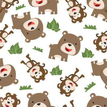 Seamless pattern of cute monkey and bear in the jungle. Creative vector chi.. Illustrazione stock