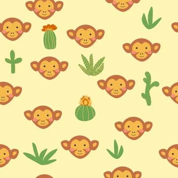 Seamless pattern with cute monkey animal faces. Illustration in boho style, d Stock Illustration