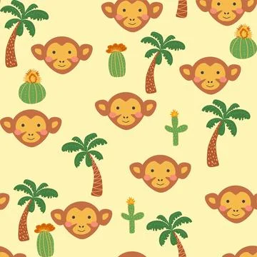 Seamless pattern with cute monkey animal faces. Illustration in boho style, d 库存插图