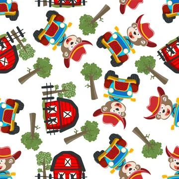 Seamless pattern of cute monkey having fun driving off road car on sunny day Stock Illustration