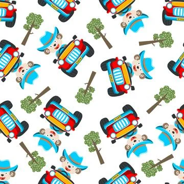 Seamless pattern of cute monkey having fun driving off road car on sunny day Stock Illustration