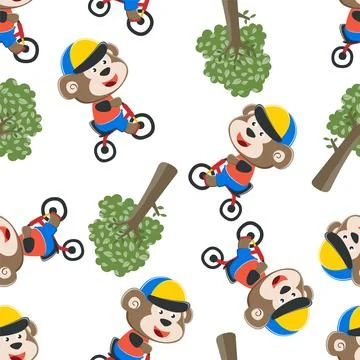 Seamless pattern of Cute monkey riding a red bicycle. Stockillustratie