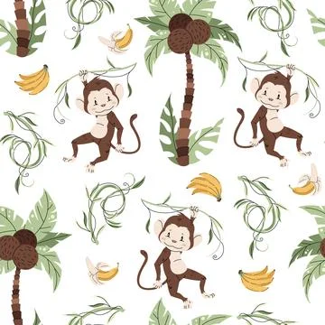 Seamless pattern with cute monkeys in flat style. Repeating background with.. Stock Illustration