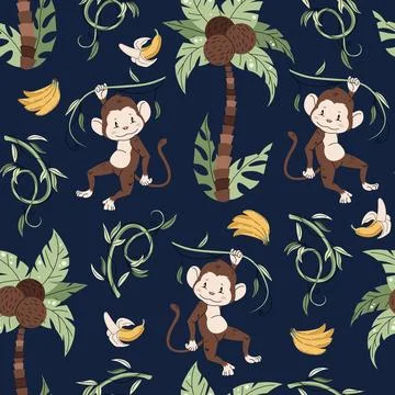 Seamless pattern with cute monkeys in flat style. Repeating background with.. Illustrazione stock