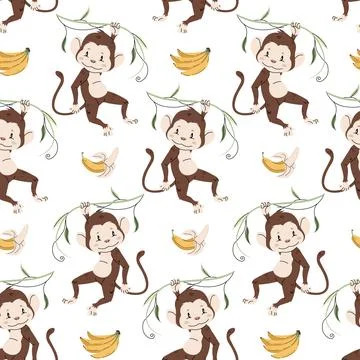 Seamless pattern with cute monkeys in flat style. Repeating background with A Illustrazione stock