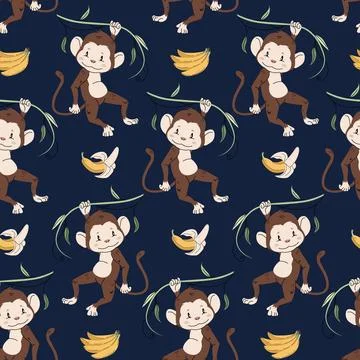 Seamless pattern with cute monkeys in flat style. Repeating background with A 스톡 일러스트