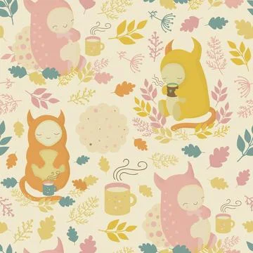 Seamless pattern with cute monsters, mugs of tea and cookies, cozy autumn p.. Stock Illustration