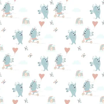 Seamless pattern with cute monsters. A pair of winged blue monsters - a boy and  Stock Illustration
