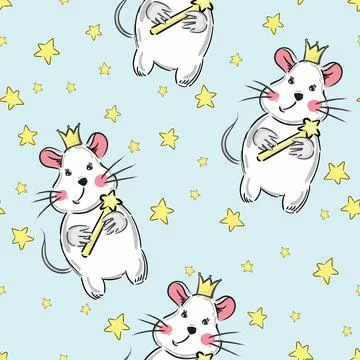 Seamless Pattern with Cute Mouse prince boy with crown and stars seamless Stock Illustration