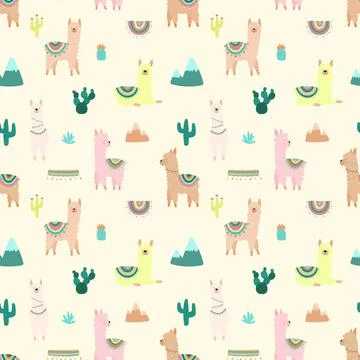 Seamless pattern of cute multicolored llamas or alpacas, mountains, cacti on  Illustrazione stock