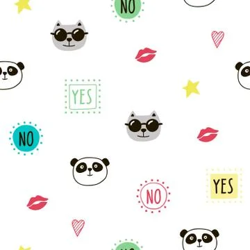 Seamless pattern with cute muzzles and objects. Stock Illustration