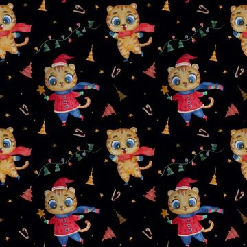 Seamless pattern with cute New Year tigers. Christmas animal on a black イラスト素材