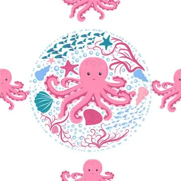 Seamless pattern with cute octopus, seaweed and pearl. Childish seamless patt イラスト素材