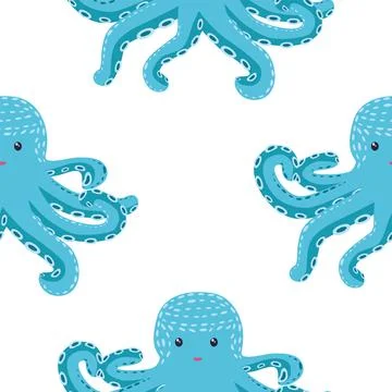 Seamless pattern with cute octopus, seaweed and pearl. Trendy nursery backgro Illustrazione stock