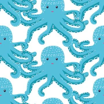 Seamless pattern with cute octopus, seaweed and pearl. Trendy nursery backgro Stock Illustration