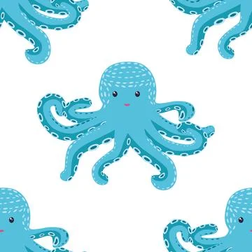 Seamless pattern with cute octopus, seaweed and pearl. Trendy nursery backgro Stockillustratie