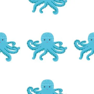 Seamless pattern with cute octopus, seaweed and pearl. Trendy nursery backgro Stock Illustration