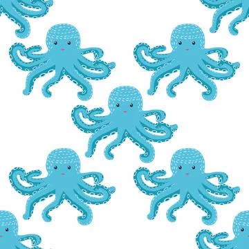 Seamless pattern with cute octopus, seaweed and pearl. Trendy nursery backgro Stock Illustration