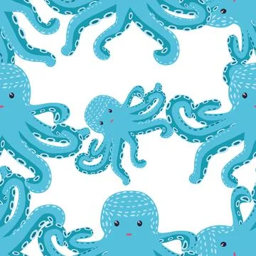 Seamless pattern with cute octopus, seaweed and pearl. Trendy nursery backgro Illustrazione stock