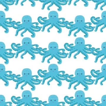 Seamless pattern with cute octopus, seaweed and pearl. Trendy nursery backgro Stock Illustration