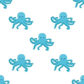 Seamless pattern with cute octopus, seaweed and pearl. Trendy nursery backgro 스톡 일러스트