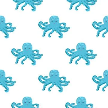 Seamless pattern with cute octopus, seaweed and pearl. Trendy nursery backgro Stock Illustration