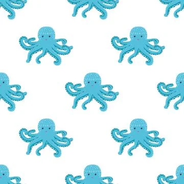 Seamless pattern with cute octopus, seaweed and pearl. Trendy nursery backgro イラスト素材