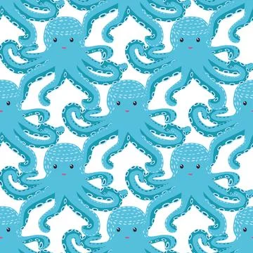 Seamless pattern with cute octopus, seaweed and pearl. Trendy nursery backgro Illustrazione stock