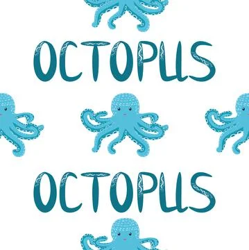 Seamless pattern with cute octopus, seaweed and pearl. Trendy nursery backgro Stock Illustration