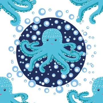 Seamless pattern with cute octopus, seaweed and pearl. Trendy nursery backgro Stockillustratie