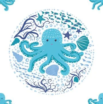 Seamless pattern with cute octopus, seaweed and pearl. Trendy nursery backgro Stock Illustration