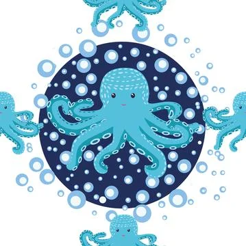 Seamless pattern with cute octopus, seaweed and pearl. Trendy nursery backgro Illustrazione stock