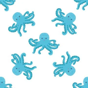 Seamless pattern with cute octopus, seaweed and pearl. Trendy nursery backgro イラスト素材