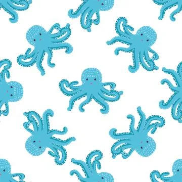 Seamless pattern with cute octopus, seaweed and pearl. Trendy nursery backgro Stock Illustration