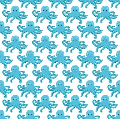 Seamless pattern with cute octopus, seaweed and pearl. Trendy nursery backgro Stock Illustration