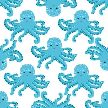 Seamless pattern with cute octopus, seaweed and pearl. Trendy nursery backgro Illustrazione stock