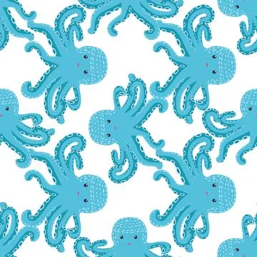 Seamless pattern with cute octopus, seaweed and pearl. Trendy nursery backgro Stock Illustration