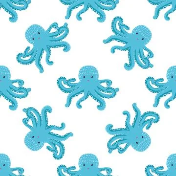 Seamless pattern with cute octopus, seaweed and pearl. Trendy nursery backgro Stock Illustration