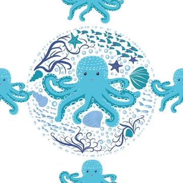 Seamless pattern with cute octopus, seaweed and pearl. Trendy nursery backgro 스톡 일러스트