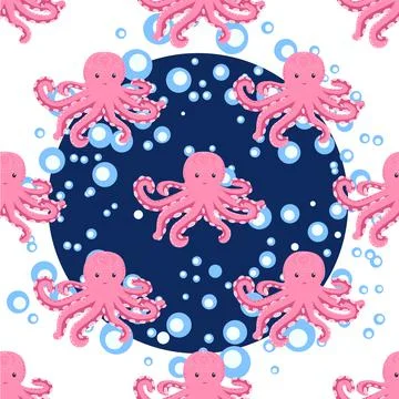 Seamless pattern with cute octopus, seaweed and pearl. Trendy nursery backgro Stockillustratie