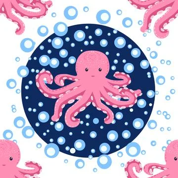 Seamless pattern with cute octopus, seaweed and pearl. Trendy nursery backgro Stock Illustration