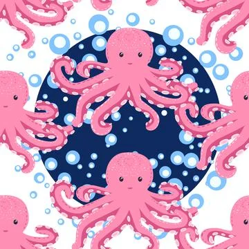 Seamless pattern with cute octopus, seaweed and pearl. Trendy nursery backgro Illustrazione stock