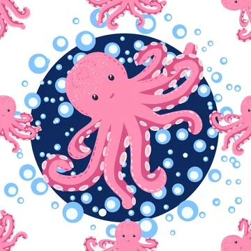 Seamless pattern with cute octopus, seaweed and pearl. Trendy nursery backgro Stock Illustration