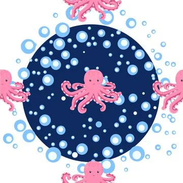 Seamless pattern with cute octopus, seaweed and pearl. Trendy nursery backgro Illustrazione stock