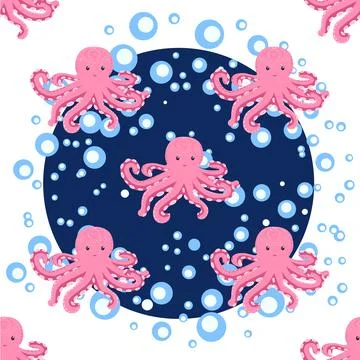 Seamless pattern with cute octopus, seaweed and pearl. Childish seamless patt Illustrazione stock