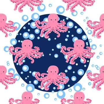 Seamless pattern with cute octopus, seaweed and pearl. Trendy nursery backgro Stock Illustration