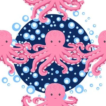 Seamless pattern with cute octopus, seaweed and pearl. Trendy nursery backgro Stock Illustration