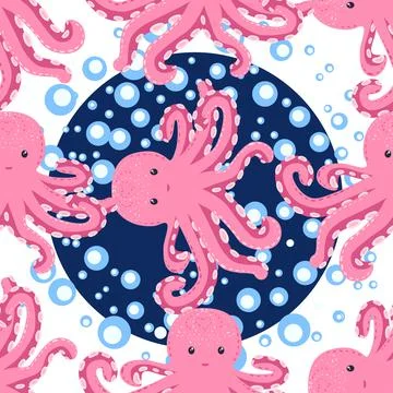 Seamless pattern with cute octopus, seaweed and pearl. Trendy nursery backgro Stock Illustration